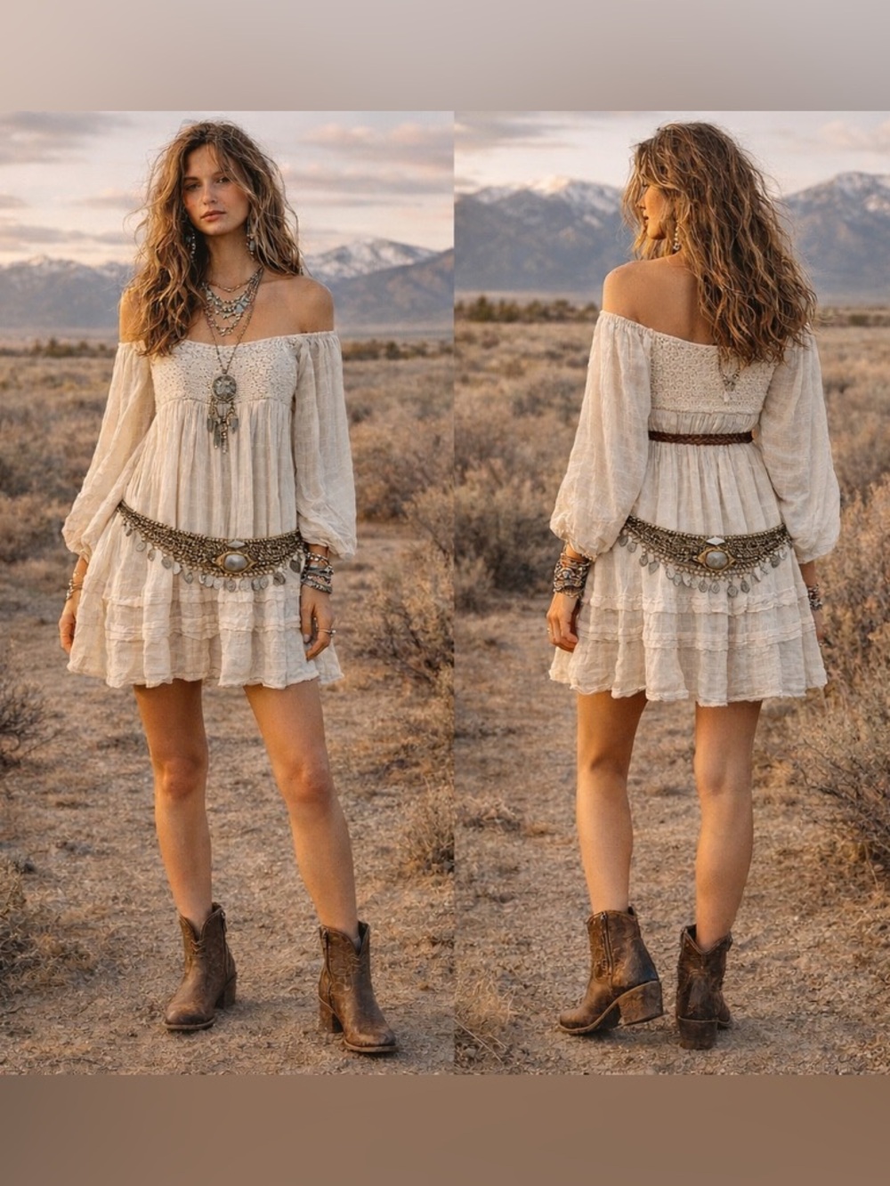 Free People Ivory Boho Peasant Dress | Off Shoulder Crochet Babydoll Lined Small